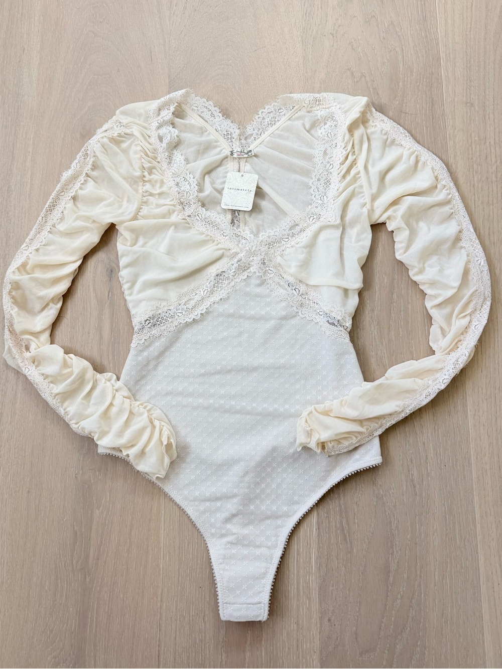 NWT Free People Intimately Ivory Lace Ruched Long Sleeve Bodysuit XS